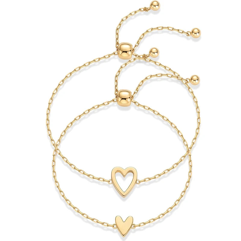 14K Gold Plated Stainless Steel Matching Heart Charms Solitaire Bracelet Set for Women Best Friend Adjustable Love Friendship