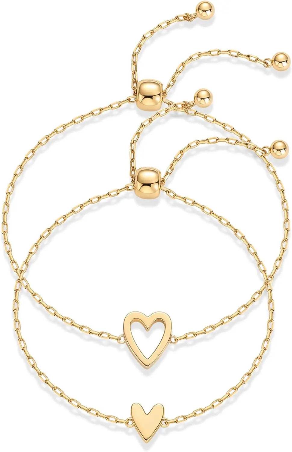 14K Gold Plated Stainless Steel Matching Heart Charms Solitaire Bracelet Set for Women Best Friend Adjustable Love Friendship